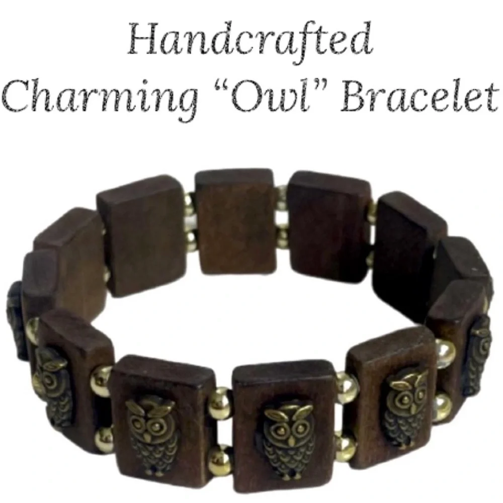 Beaded Owl Wooden Stretch Bracelet Owl Infinity Charm Bracelet